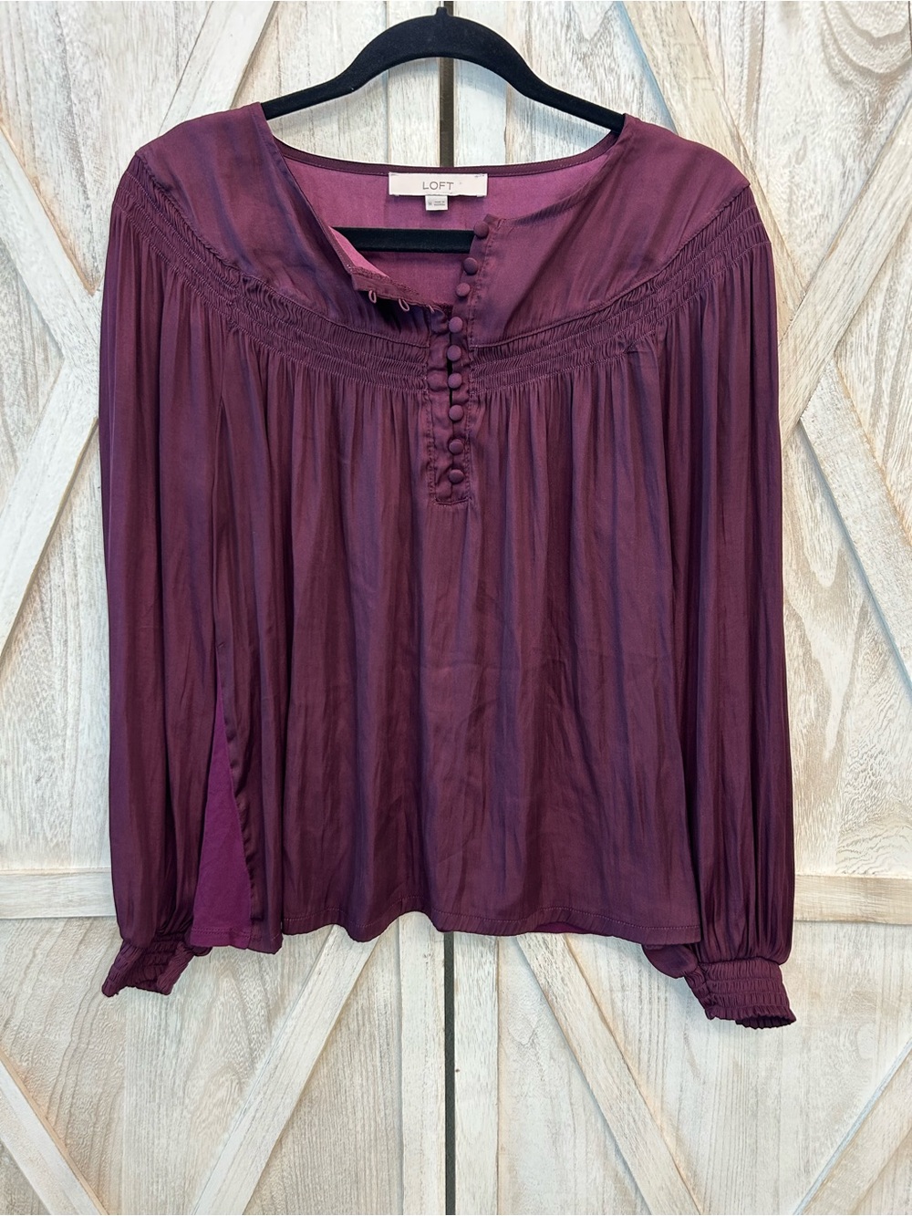 LOFT Plum Long-Sleeve Button-Front Peasant Blouse